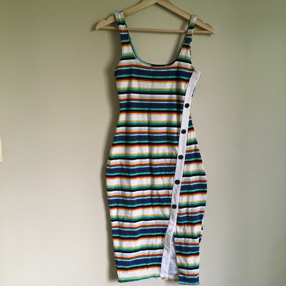 Express Striped Bodycon Asymmetrical Midi Dress Multicolor Side Button Slit XS